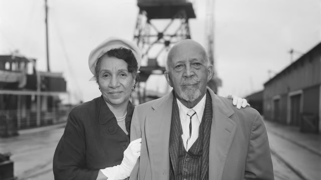 American sociologist, civil rights activist and historian, WEB Du Bois, with his second wife, author, composer and playwright Shirley Graham Du Bois, Southampton, Hampshire, August 15th 1958. (Photo by Daily Express/Hulton Archive/Getty Images)