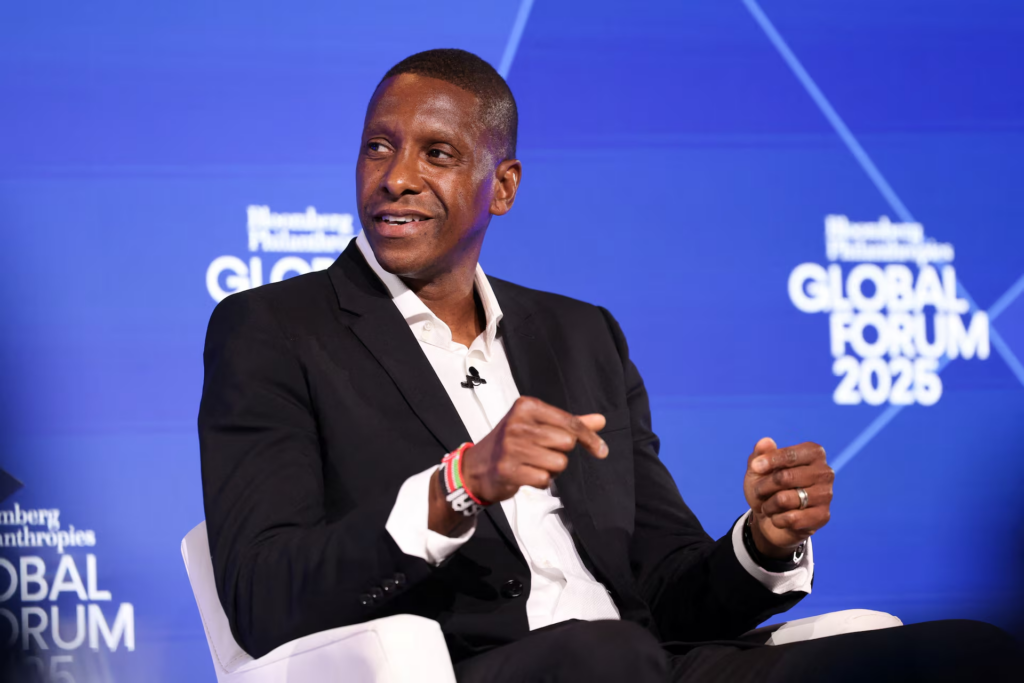 Masai Ujiri speaks at the annual Bloomberg Philanthropies Global Forum in Manhattan, New York City, U.S., September 24, 2025. REUTERS/Caitlin Ochs