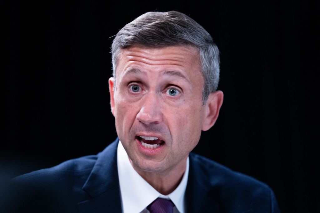 Ken Martin speaks during an interview with The Associated Press at DNC headquarters, Jan. 12, 2026, in Washington. (AP Photo/Allison Robbert, File)