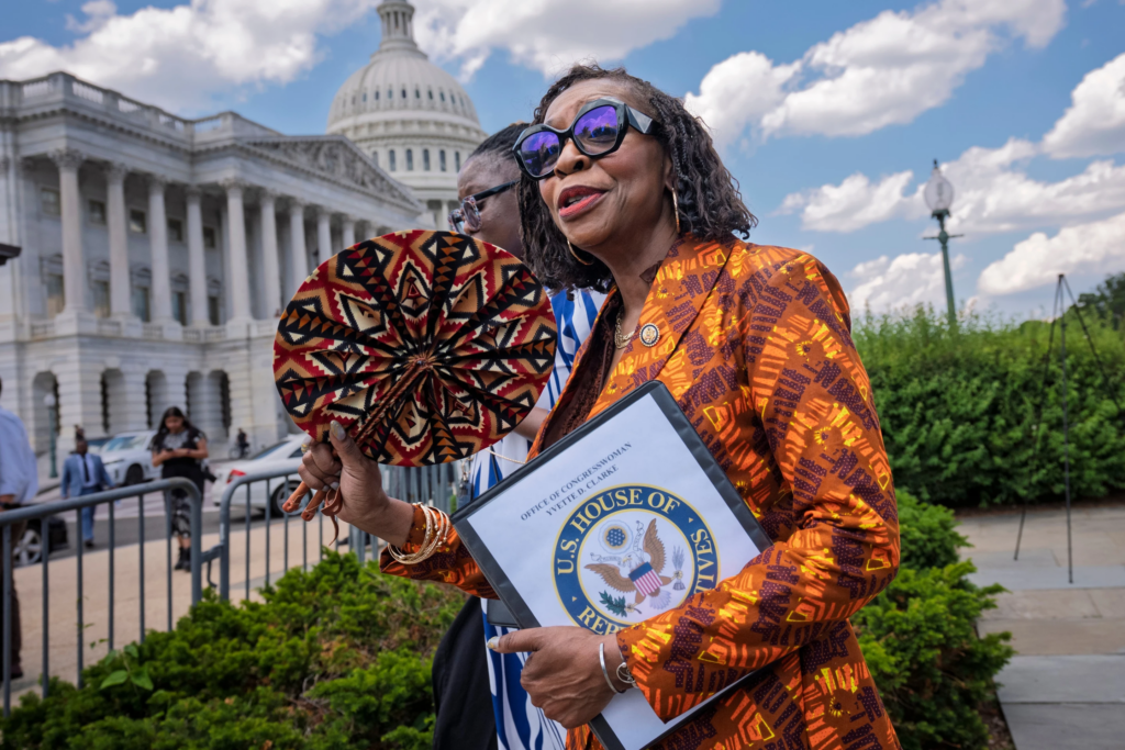 Rep. Yvette Clarke, D-N.Y., chair of the Congressional Black Caucus, prepares for a news conference at the Capitol in Washington, Tuesday, May 19, 2026. (AP
Photo/J. Scott Applewhite)