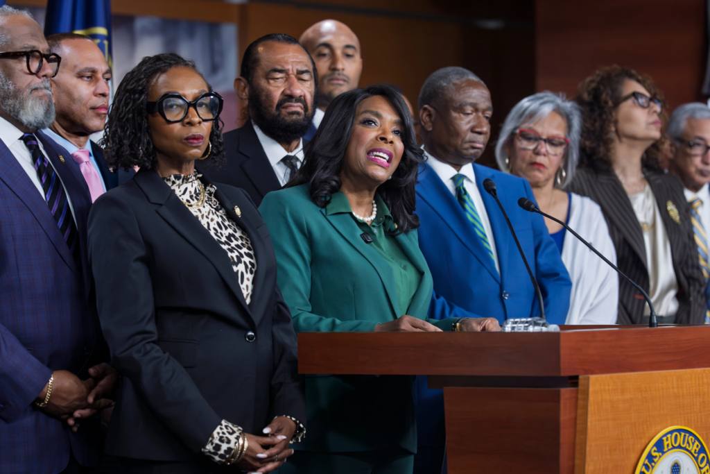 Rep. Terri Sewell, D-Ala., center, is surrounded by members of the Congressional Black Caucus as they speak to reporters in the wake of the Supreme Court ruling to strike down a majority Black congressional district in Louisiana, at the Capitol in Washington, Wednesday, April 29, 2026. (AP Photo/J. Scott Applewhite, File)