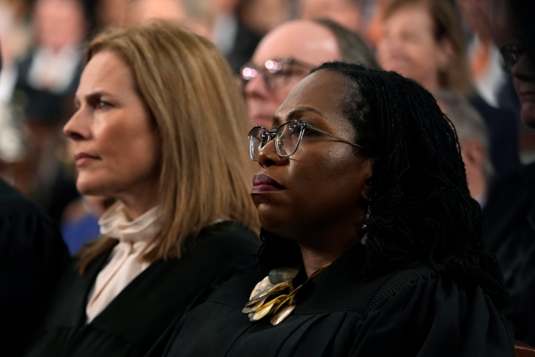 Supreme Court Justices Amy Coney Barrett and Ketanji Brown Jackson listen as President Joe Biden delivers the State of the Union address to a joint session of Congress on February 7, 2023 in the House Chamber of the U.S. Capitol in Washington, DC. The speech marks President Biden's first address to the new Republican-controlled House. (Photo by Jacquelyn Martin-Pool/Getty Images)