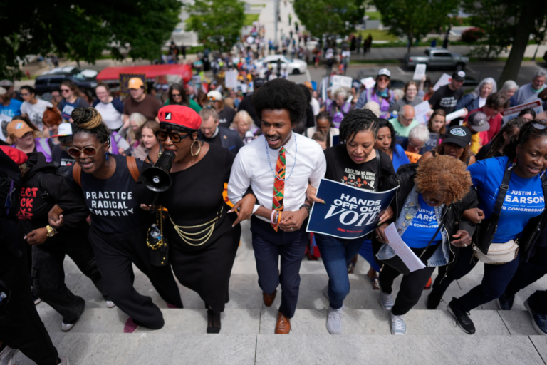 Protesters yell outside the chamber during a special session of the state legislature to redlaw US. Congressional voting maps, in Nashville, Tenn, Tuesday, May 5, 2026. (AP Photo/George Walker IN)