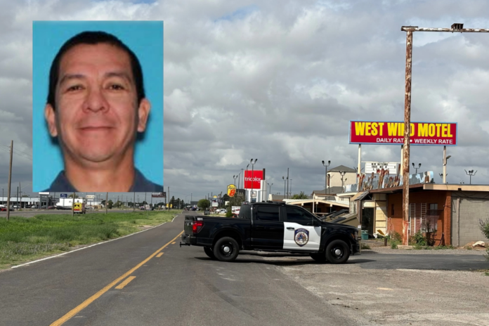 Victor Mata Villarreal is shown in an undated driver’s license photo provided by the U.S. Marshals Service, alongside law enforcement responding to an active shooting scene Friday, June 12, 2026, in Midland, Texas. (U.S. Marshals Service via AP; Luke Dias/Reporter-Telegram via AP)