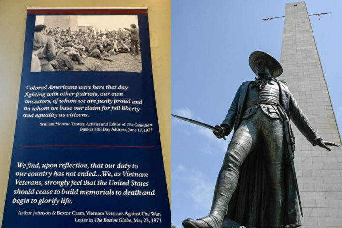 One of the quotes (left) ordered by the National Park Service to be removed at Bunker Hill Monument. NBC Boston