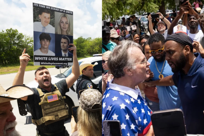 Protesters and supporters gather outside the Collin County Courthouse during the Karmelo Anthony trial, where the case drew national attention and intensified debate over race, justice and public rhetoric after Anthony’s conviction in the stabbing death of Austin Metcalf. (Photos by Getty Images)