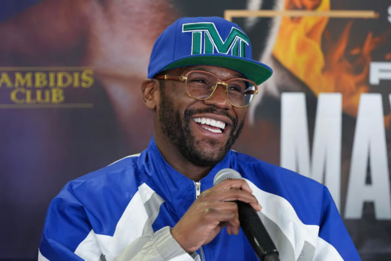 Boxer Floyd Mayweather Jr. speaks during a news conference to announce an upcoming full-contact exhibition match against kickboxer Mike Zambidis at the Mayweather Boxing Club on May 07, 2026 in Las Vegas, Nevada. The match between Mayweather Jr. and Zambidis will take place on June 27, 2026 in Athens, Greece. (Photo by Candice Ward/Getty Images)
