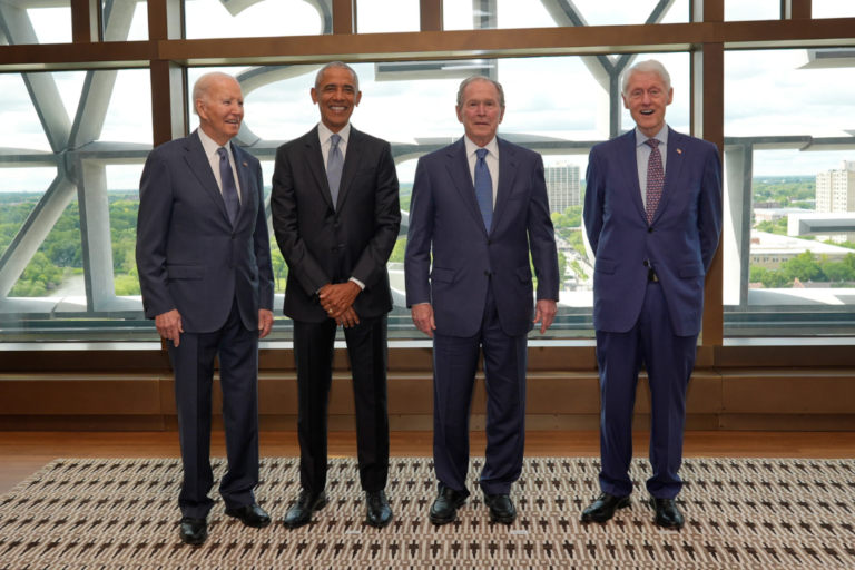 Former President Joe Biden, from left, former President Barack Obama, former President George W. Bush, and former President Bill Clinton, pose for a photo ahead of the dedication ceremony at the Obama Presidential Center, Thursday, June 18, 2026, in Chicago. (AP Photo/Pablo Martinez Monsivais, Pool)