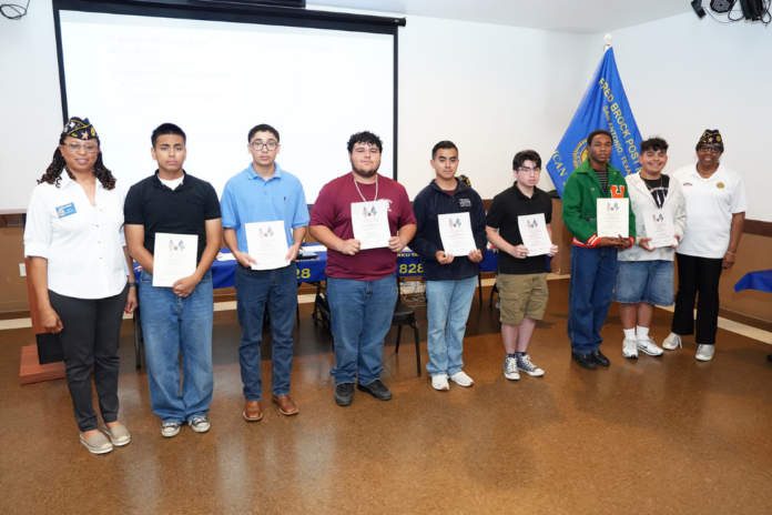 Local high school seniors, who recently returned from attending Texas Boys State at the University of Texas-Austin, spoke about their experiences during a Joint Installation of Officers Ceremony held at Fred Brock American Legion Post 828. (Photos by Past Commander Burrell Parmer/828).