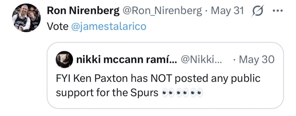 Former mayor Ron Nirenberg and Bexar County Judge Democrat Candidate posted on X “Vote @jamestalarico” on May 31, 2026/X