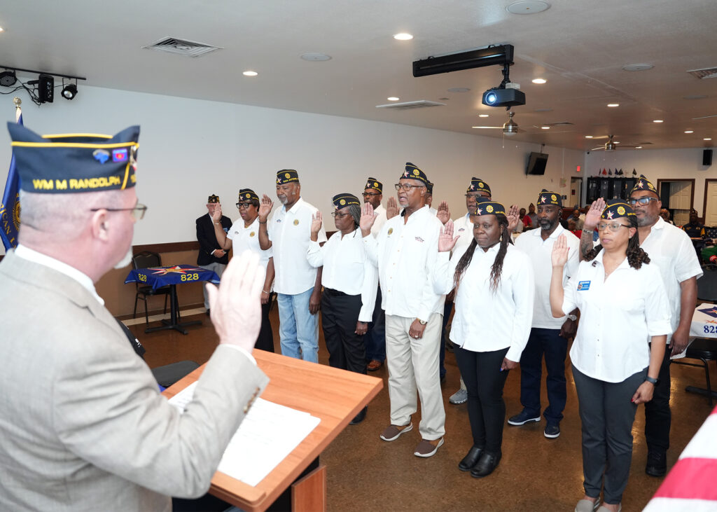 Past Department Vice Commander (3rd Division) Danny Muth (593) installed the following Legionnaires: Commander Amanda Parham, 1st Vice Commander Vonetta Beale, 2nd Vice Commander Glenn Robinson, Financial Officer Jerry Farmer, Adjutant Pamela Oliver, Chaplain Patricia Wimberly, Judge Advocate Karl Lanier., Service Officer Marcellus Hutchinson, Executive Placement 1 David Harris, and Executive Placement 2 Artist Moore. (Photos by Past Commander Burrell Parmer/828)