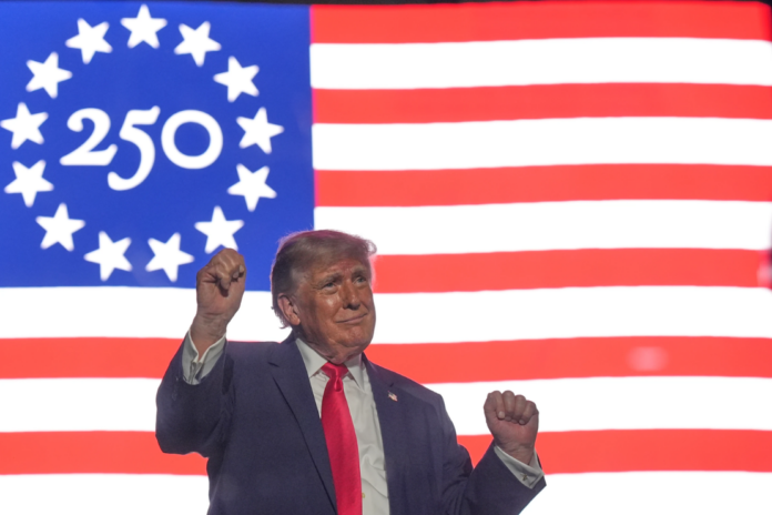 President Donald Trump wraps up his speech at the opening of the Great American State Fair, Wednesday, June 24, 2026, on the National Mall in Washington. (AP Photo/Jacquelyn Martin)