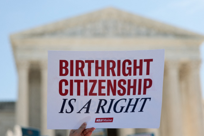 Demonstrators rally in support of birthright citizenship outside the Supreme Court on April 1, 2026. (Mandel Ngan / AFP via Getty Images)