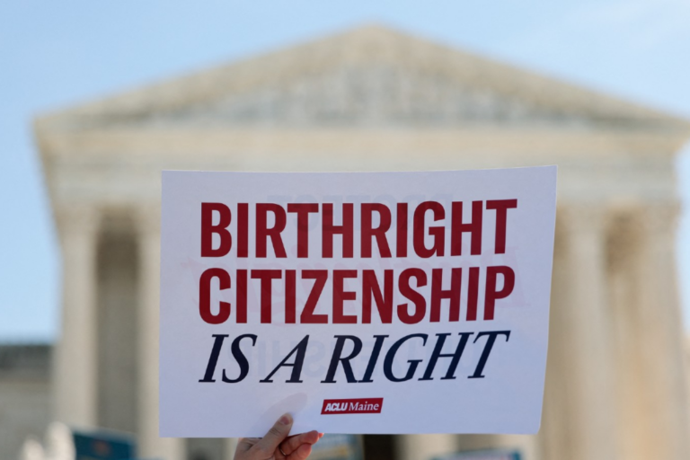 Demonstrators rally in support of birthright citizenship outside the Supreme Court on April 1, 2026. (Mandel Ngan / AFP via Getty Images)