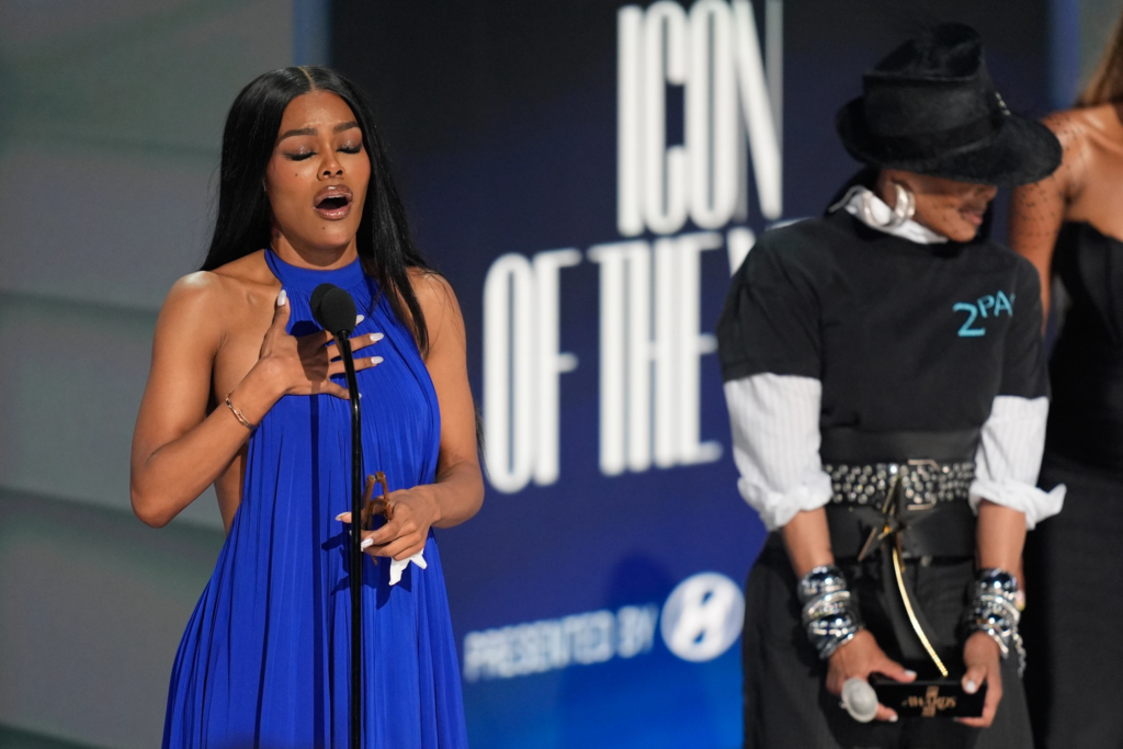 Teyana Taylor accepts the Icon of the Year award during the BET Awards on Sunday, June 28, 2026, at the Peacock Theater in Los Angeles. (AP Photo/John Locher)