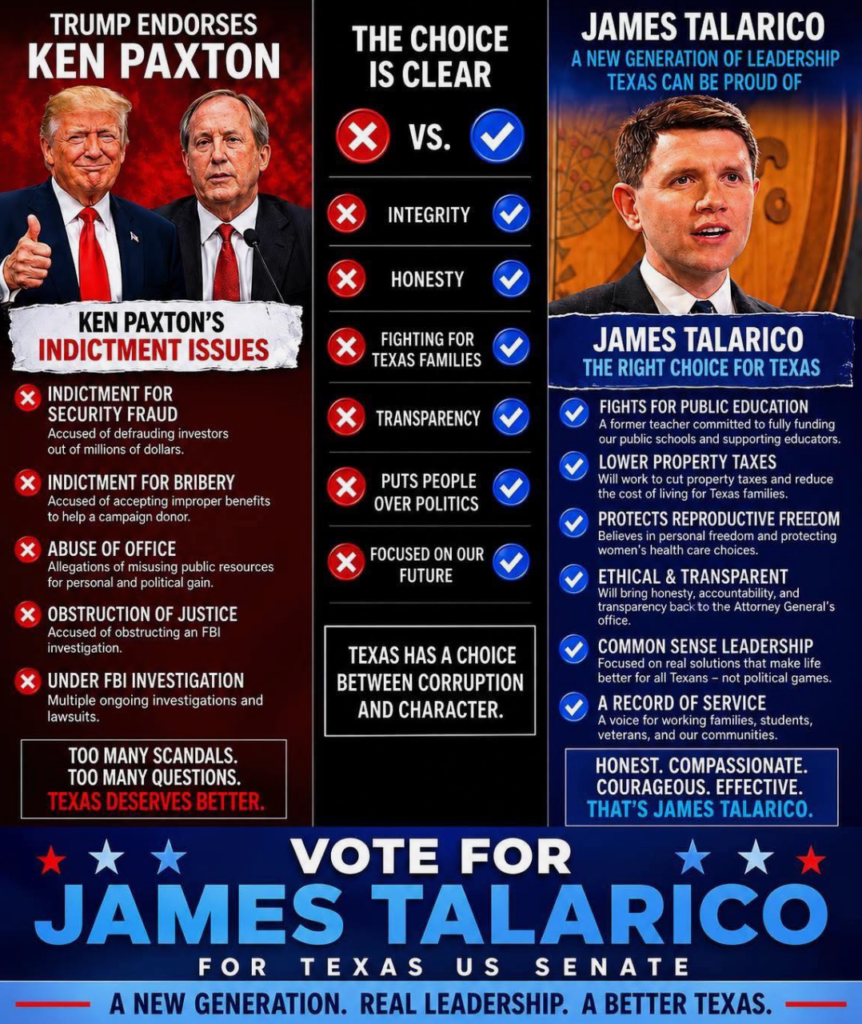 Texas has choice between corruption and character. Photo via Instagram
