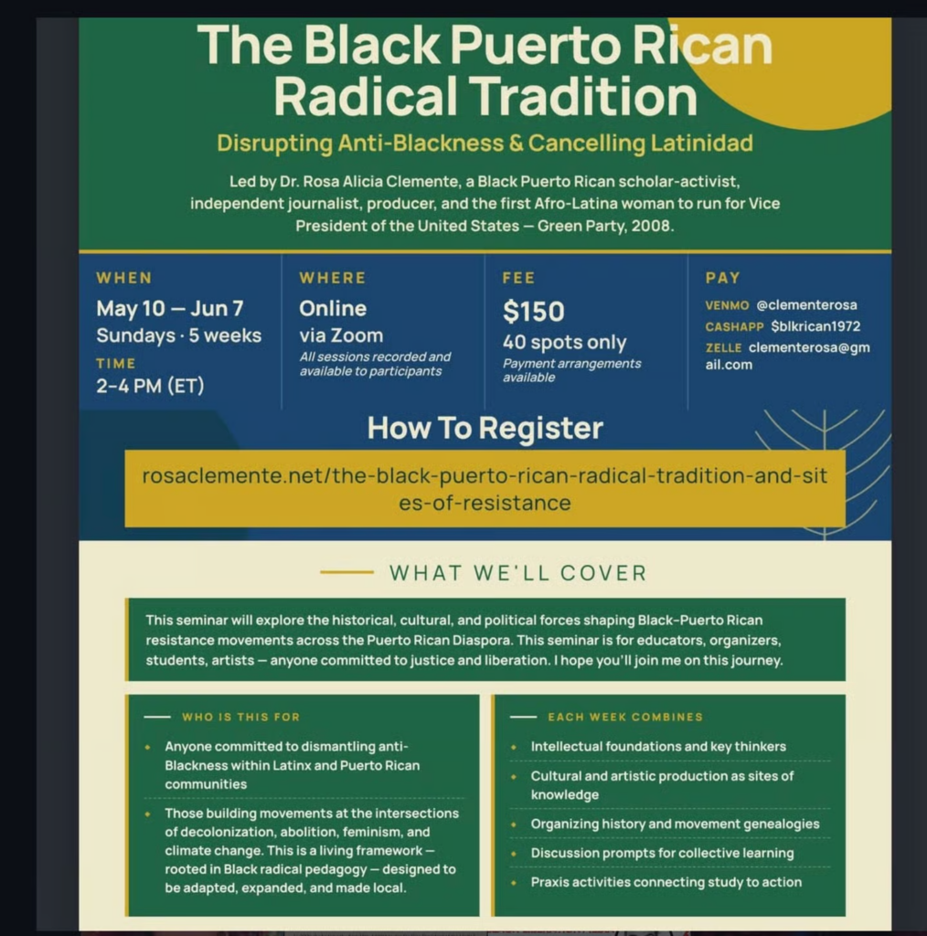 The five-week, Black Puerto Rican Radical Tradition seminar. Photo credit: Dr. Rosa Clemente; Instagram.