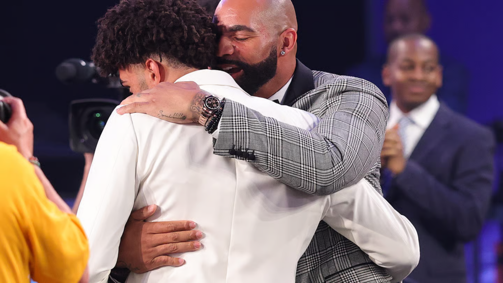 Yaxel Lendeborg celebrates with his mother Yissel Raposo after is drafted eleventh overall by the Golden State Warriors during Round One of the 2026 NBA Draft at Barclays Center on June 23, 2026 in New York City. (Photo by Arturo Holmes/Getty Images)