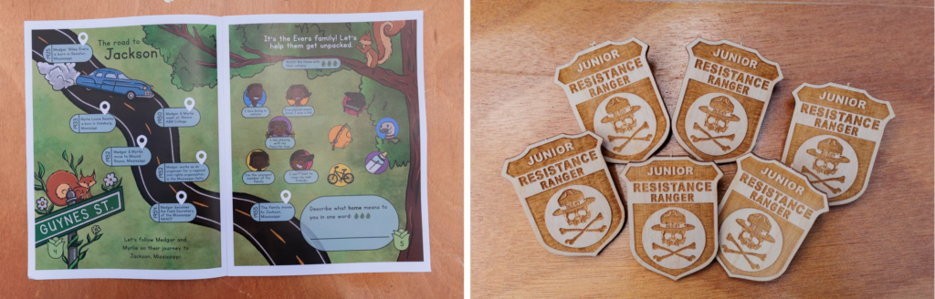 Newly banned booklets from other National Parks are displayed during the America 433+ pop up at Harpers Ferry National Park; Junior Resistance Ranger pins are given out at the same event. KT Kanazawich for NPR