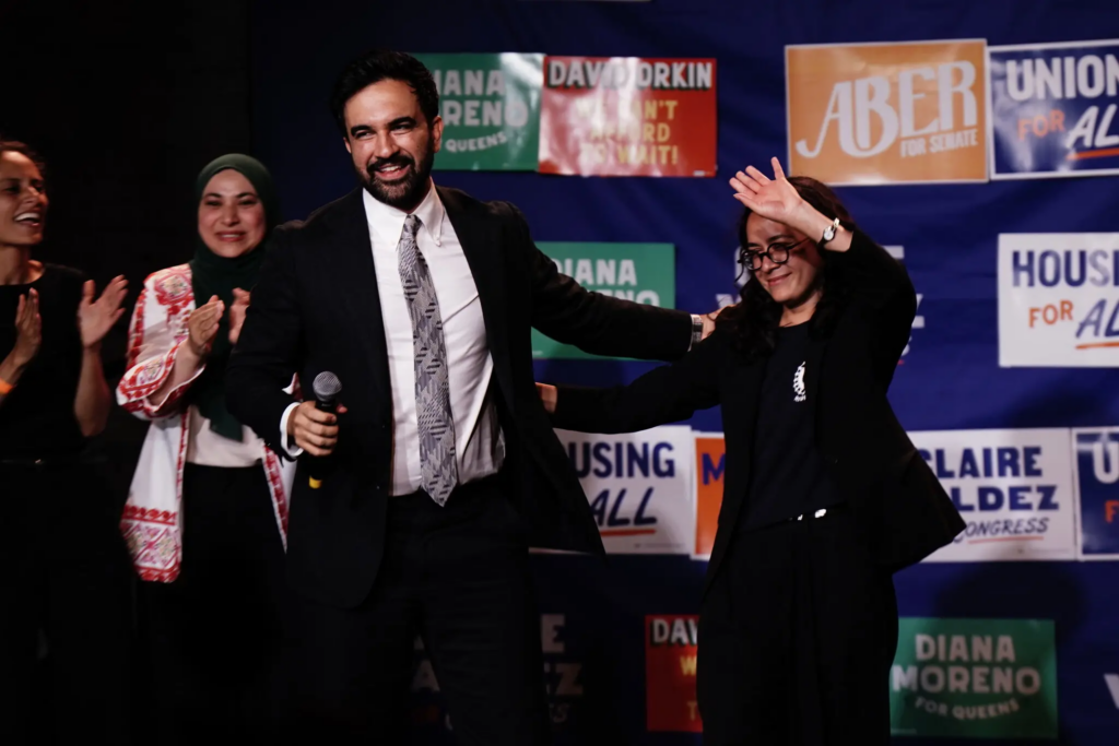 Mayor Zohran Mamdani celebrated the victory of state Assemblywoman Claire Valdez, right, in a Democratic primary for a congressional seat.Credit...Bing Guan for The New York Times