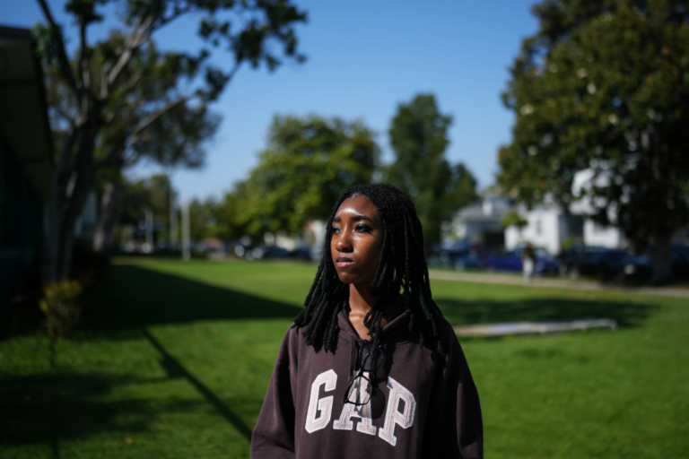 Makeda Walker-Deen, a junior at Susan Miller Dorsey Senior High School, stands for a photo in Los Angeles, Thursday, May 14, 2026. (AP Photo/Jae C. Hong)