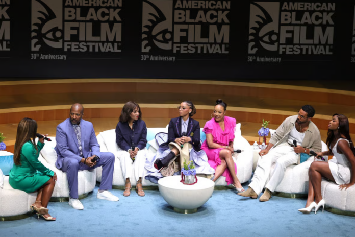 (L-R) Alexis Frazier, Malcolm D.Lee, Dominique Telson, Chlöe Bailey, Lynn Whitfield, Lucien Laviscount and Coco Jones speak at Peacock’s Strung: From Script To Screen panel during the 2026 American Black Film Festival at New World Center on May 28, 2026 in Miami Beach, Florida. (Photo by Arturo Holmes/Getty Images for ABFF)