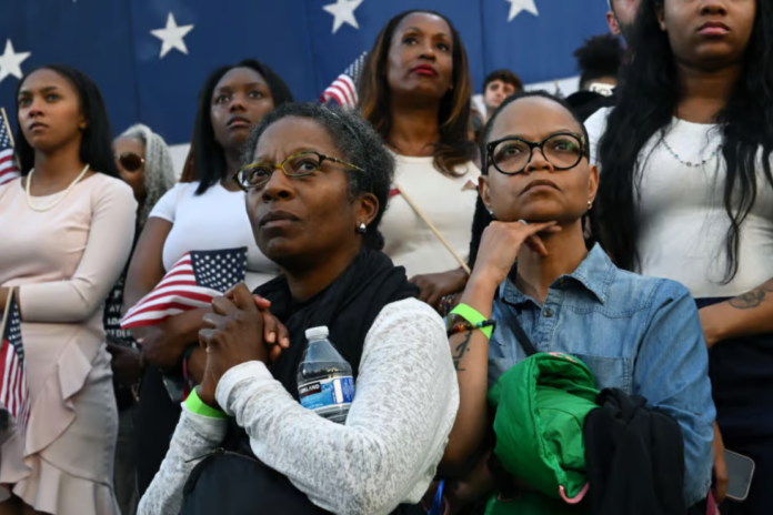 Supporters listen as Democratic presidential nominee, U.S. Vice President Kamala Harris concedes the election during a speech at Howard University on November 06, 2024 in Washington, DC. (Photo by Brandon Bell/Getty Images)