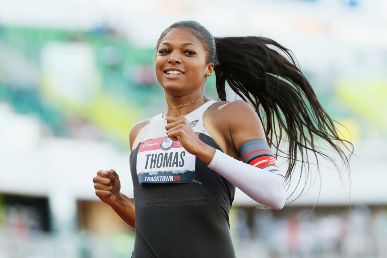 Gabby Thomas reacts after competing in the first round of the Women’s 200 Meter Dash on day seven of the 2020 U.S. Olympic Track (Getty Images)