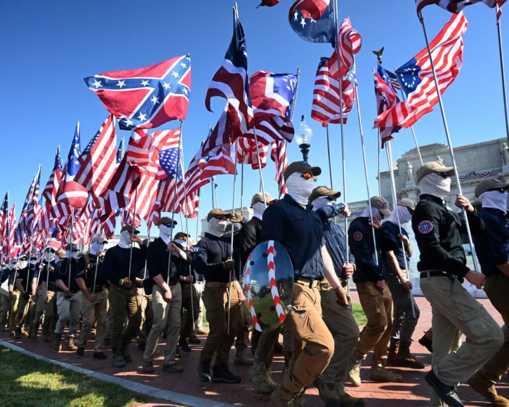 Patriot Front embers march outside Union Station in Washington DC on the Fourth of July. Photograph: Douliery Olivier/ABACA/Shutterstock