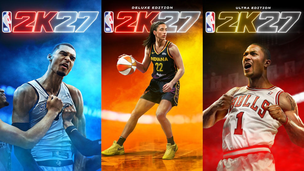 Official NBA 2K27 cover artwork featuring Victor Wembanyama, Caitlin Clark and Derrick Rose. Courtesy of 2K