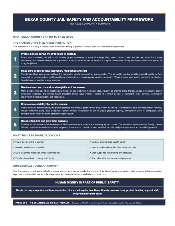 Bexar County Jail Safety and Accountability Framework. Prepared by All of Us or None Texas, A Project of Legal Services for Prisoners with Children