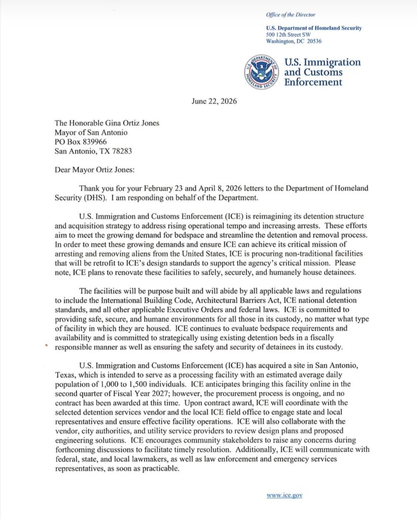 ICE responds to Mayor Gina Ortiz Jones letter. Page 1