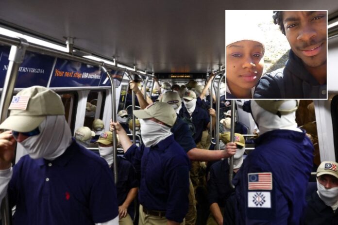 Members of the white supremacist group Patriot Front ride the Washington Metro on July 04, 2026 in Washington, DC. Numerous events, activities, and fireworks are planned in celebration of America's 250th Anniversary. (Photo by Finn Gomez/Getty Images)