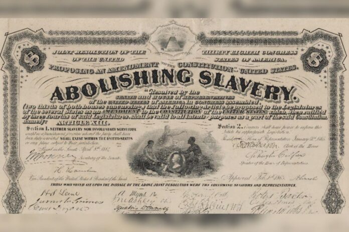 The 13th Amendment abolishing slavery is certified by the Secretary of State.(Library of Congress)