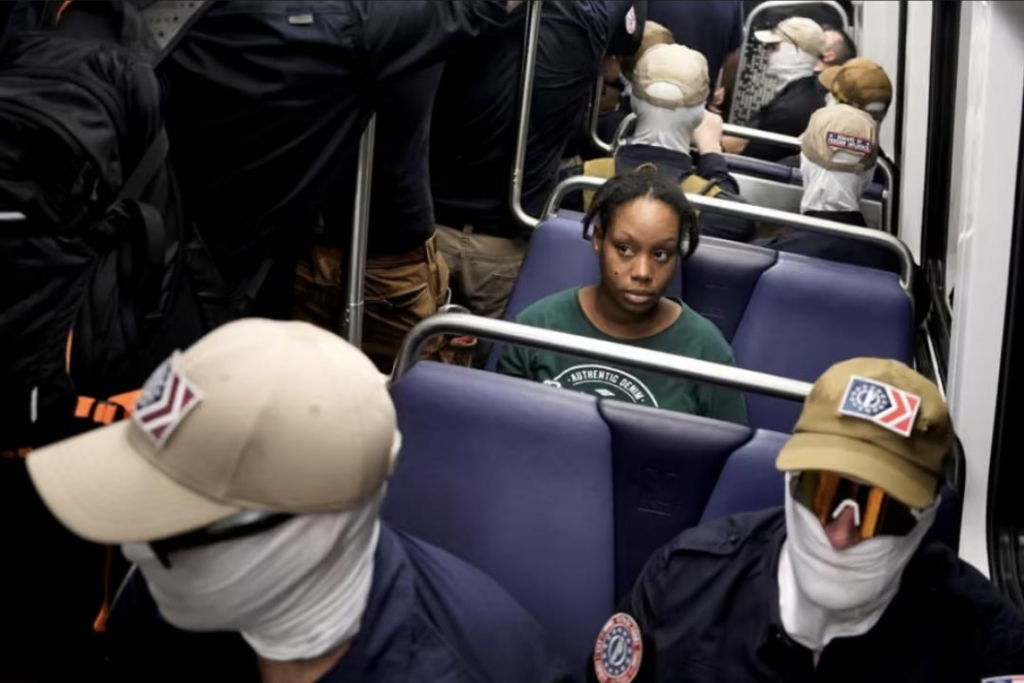Members of the white supremacist group Patriot Front crowded into the Metro in Washington DC on Saturday following a rally. Photograph: Cheney Orr/Reuters