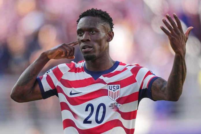United States' Folarin Balogun reacts after scoring his team's first goal during the World Cup round of 32 soccer match between the United States and Bosnia-Herzegovina in Santa Clara, Calif., near San Francisco, on Wednesday. Julio Cortez/AP