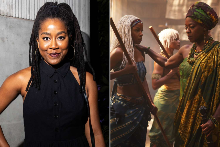 A photo of Tomi Adeyemi and a screenshot from ‘Children of Blood and Bone’ film. Credit : Lexie Moreland/WWD via Getty; Lephatse Motshana/Paramount Pictures