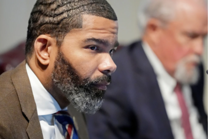 Jackson Mayor Chokwe Antar Lumumba listens to the weekly Jackson City Council meeting at city hall in Jackson, Miss., Tuesday, Nov. 19, 2024. (AP Rogelio V. Solis, File)