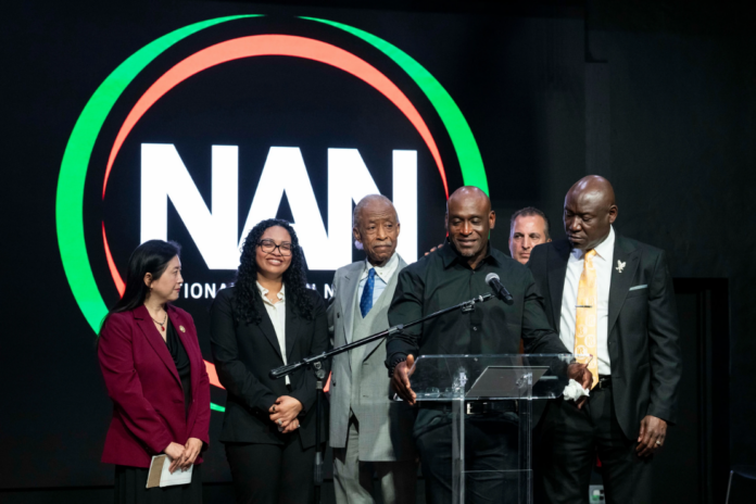 Elmore Wonsley, father of Nolan Xavier Wells, speaks during a news conference at National Action Network headquarters, Friday, July 10, 2026, in New York. (AP Photo/Yuki Iwamura)