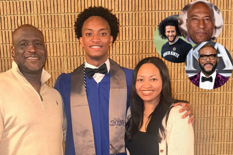 Nolan Wells, center, is pictured with his parents, Elmore Wonsley and Christine Wonsley, alongside images of Colin Kaepernick, Byron Allen and Tyler Perry, who have helped support the family following the 18-year-old’s death.