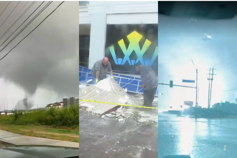 A tornado moves through the area near Interstate 10 and Loop 1604 as additional footage shows damaged buildings, scattered debris and hazardous conditions left behind by the storm.
