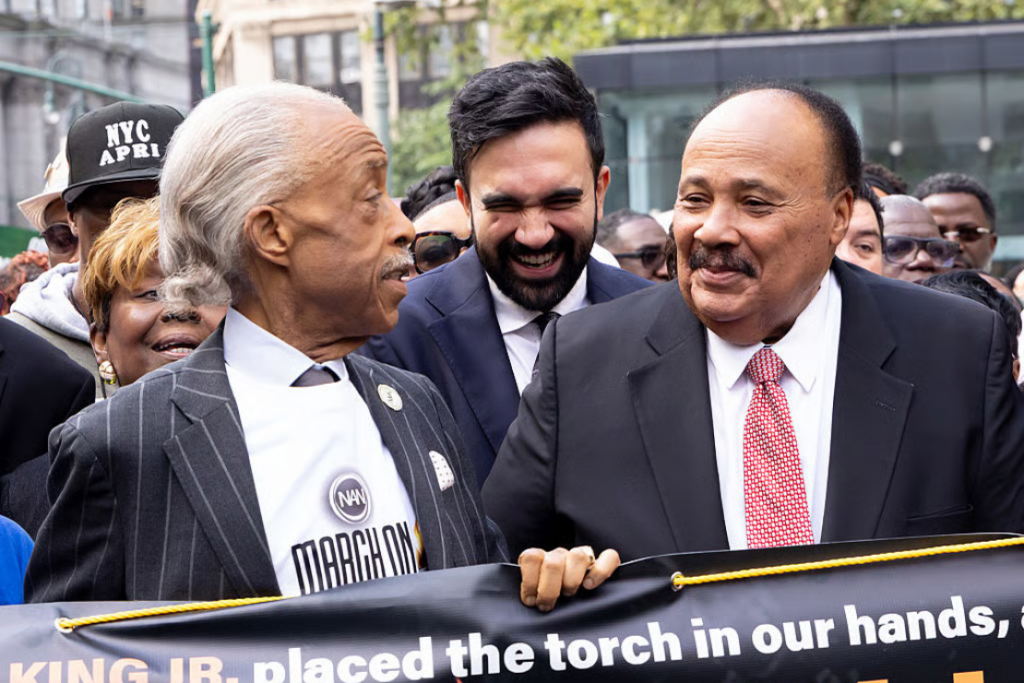 Rev. Al Sharpton, then-New York mayoral candidate Zohran Mamdani and Martin Luther King III are seen during the NAN March on Wall Street on August 28, 2025 in New York City. | Photo by BG048/Bauer-Griffin/GC Images