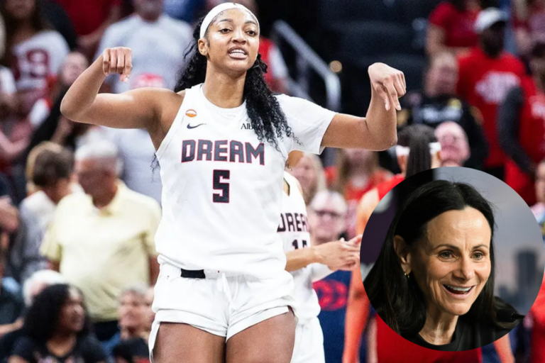 Atlanta Dream forward Angel Reese celebrates a basket in the second half against the Indiana Fever at Gainbridge Fieldhouse in Indianapolis, Ind., on June 18, 2026. (Trevor Ruszkowski/Imagn Images)