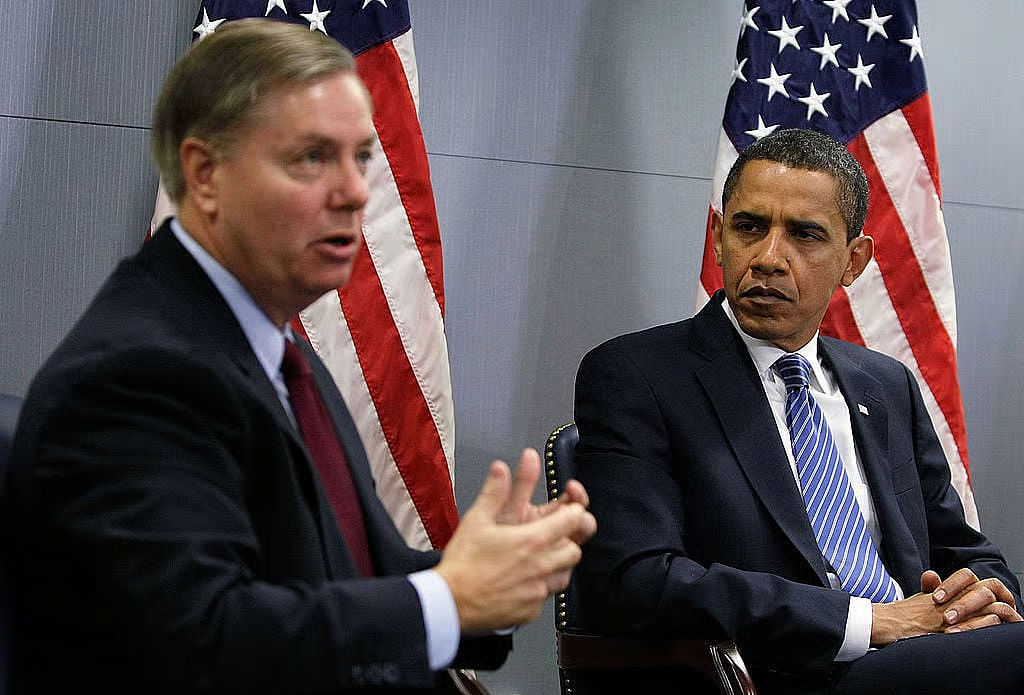 U.S. Sen. Lindsey Graham (R-SC) (L) speaks as President-elect Barack Obama (R) listens during a meeting regarding a recent trip to Southwest Asia at the transition office January 14, 2009 in Washington, DC. Vice President-elect Joseph Biden and Sen. Lindsey Graham (R-SC), who have recently returned from a trip to Afghanistan, Iraq, Kuwait and Pakistan, briefed Obama on their diplomatic findings. (Photo by Alex Wong/Getty Images)