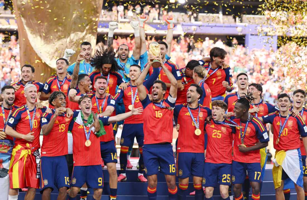 Rodri, #16 of Spain, lifts the FIFA World Cup Winner's Trophy after the team's 1-0 victory over Argentina in the final at MetLife Stadium in East Rutherford, N.J. on Sunday. It was Spain's second World Cup title.
David Ramos/Getty Images