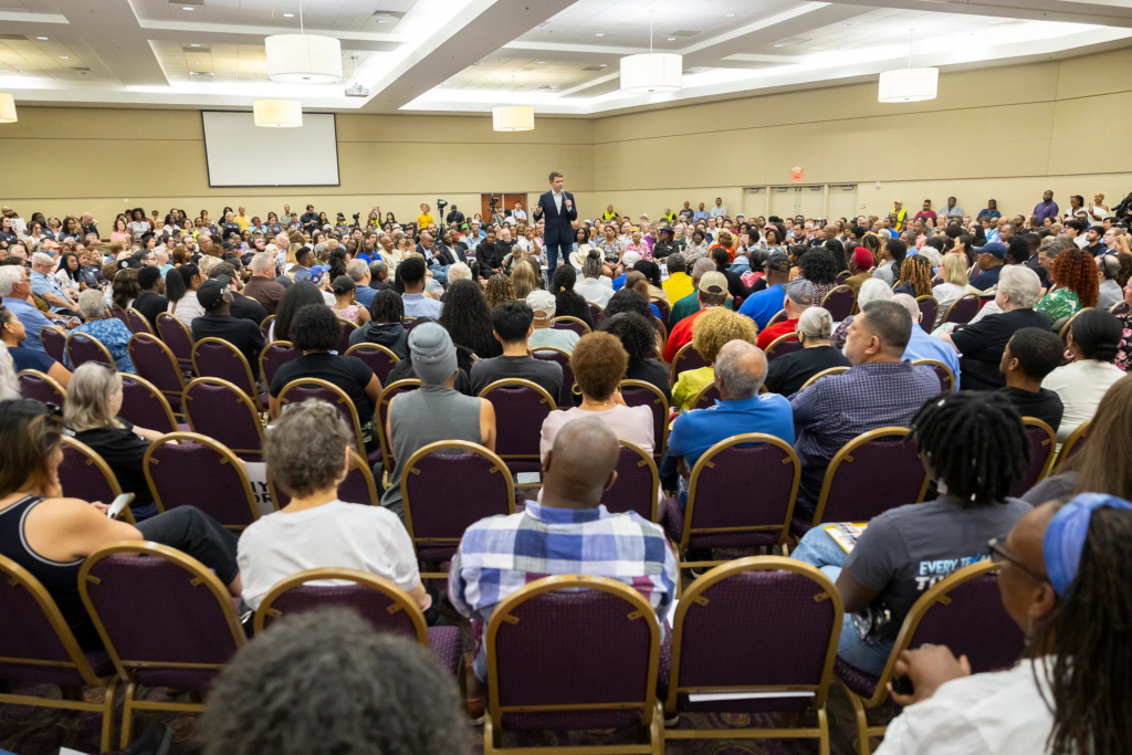 U.S. Senate candidate James Talarico speaks during a town hall at Kingdom Builders Center in Houston on July 19, 2026. Annie Mulligan for The Texas Tribune