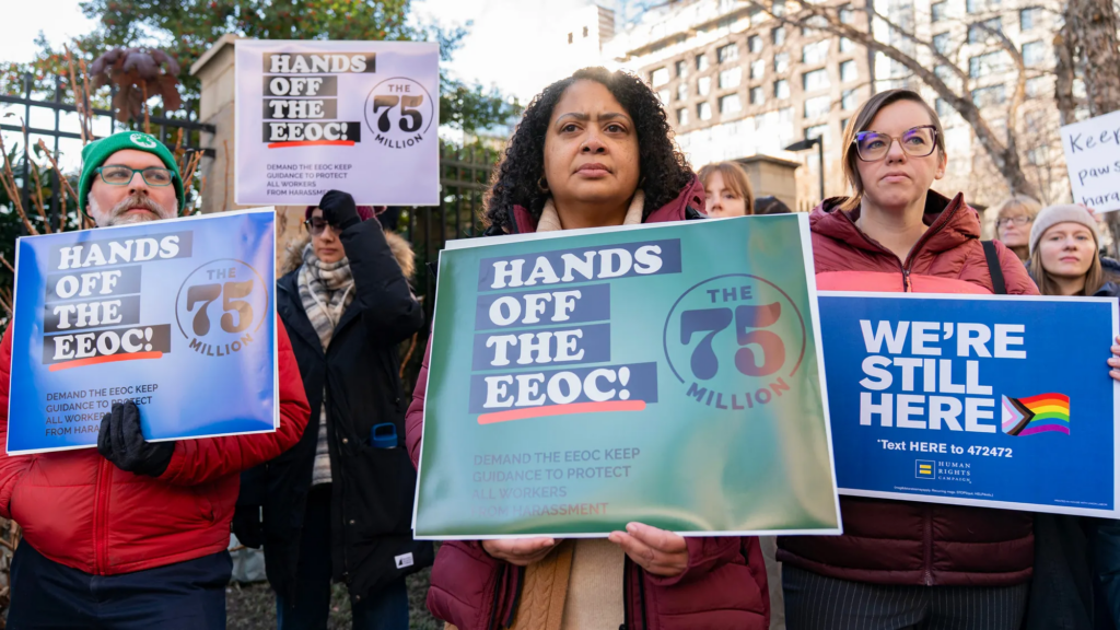 Members of the 75 Million coalition rally outside of EEOC headquarters on Jan. 22, 2026, in Washington, D.C., opposing the agency’s move to rescind its harassment guidance. The rescission of the guidance is among one of the actions the agency has taken that has been challenged by EEO Leaders.
Jose Luis Magana/AP