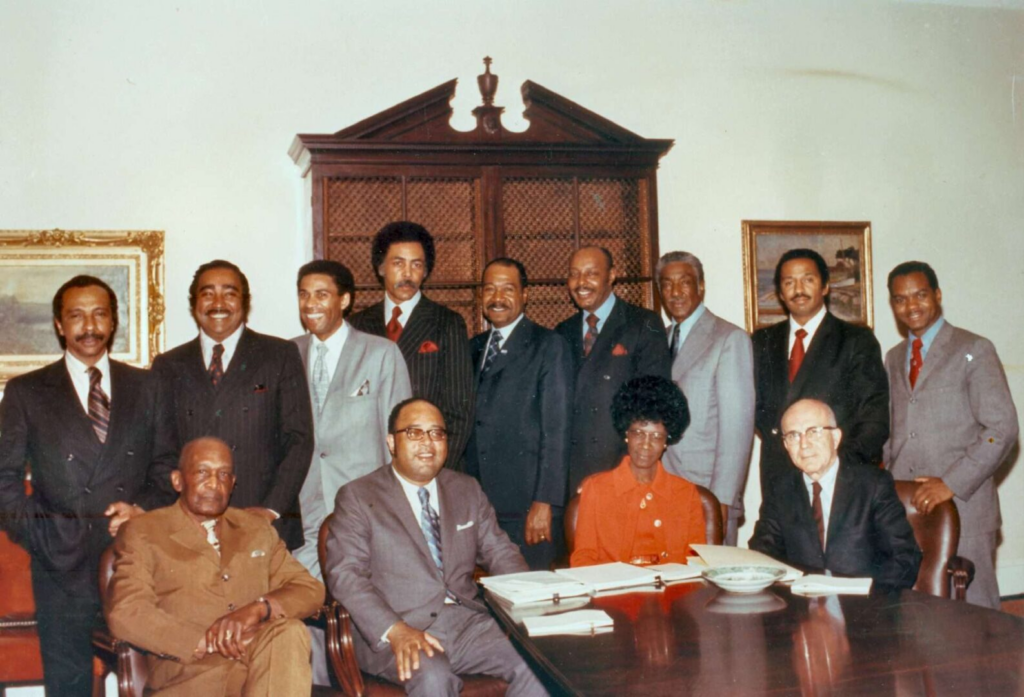 The 13 founding members of the Congressional Black Caucus. Standing, from left, Parren J. Mitchell, Charles B. Rangel, William L. Clay Sr., Ronald V. Dellums, George W. Collins, Louis Stokes, Ralph H. Metcalfe, John Conyers Jr. and Walter E. Fauntroy. Seated, from left, Robert N. C. Nix. Sr., Charles C. Diggs, Shirley Chisholm and Augustus F. Hawkins. (Courtesy Office of the Clerk, U.S. House of Representatives)