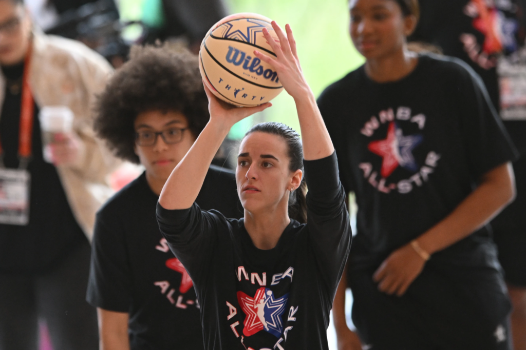 WNBA All Star Caitlin Clark shoots during practice at the Obama Presidential Center in Chicago, Friday, July 24, 2026. (AP Photo/Paul Beaty)