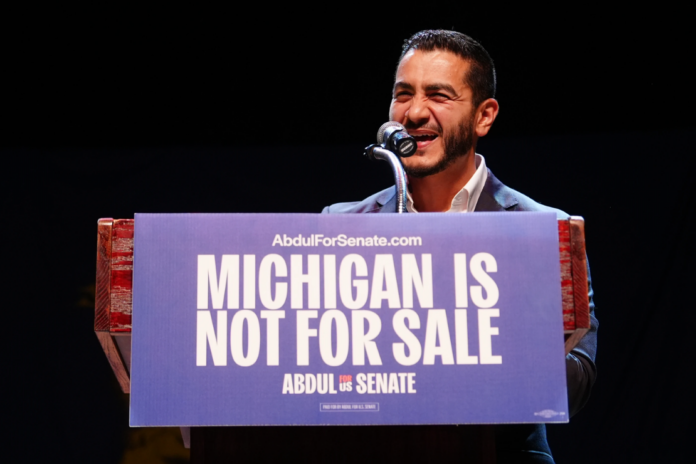 Abdul El-Sayed, a progressive candidate in the Democratic primary for U.S. Senate in Michigan, speaks during a primary election night event Wednesday, Aug. 5, 2026, at the Majestic Theatre in Detroit. (AP Photo/Julia Demaree Nikhinson)